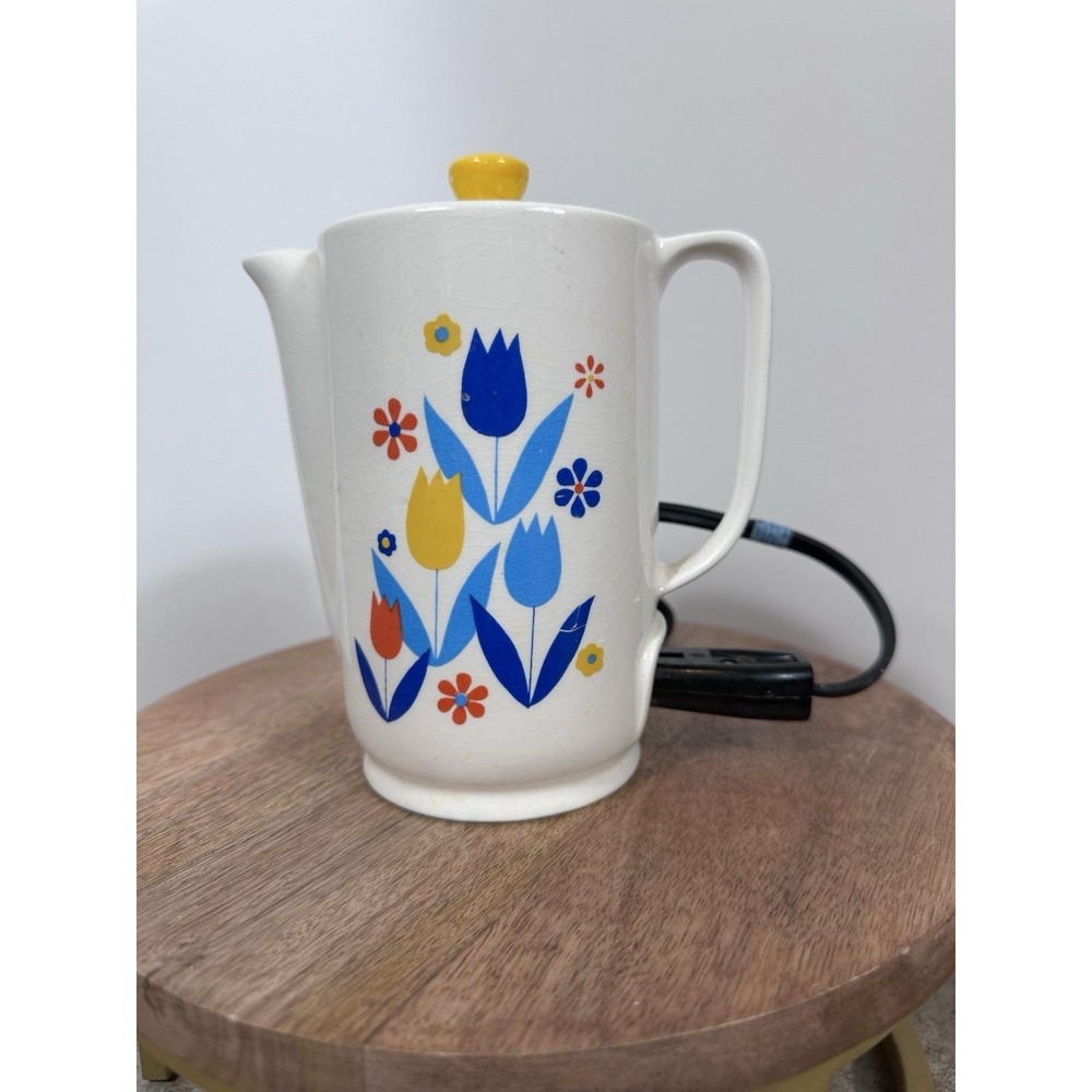 Vintage Ceramic Tulips Electric Working Teapot Yellow Blue Red Design